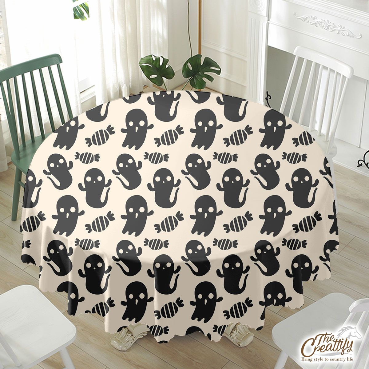 Black And White Cute Ghost With Halloween Candy Waterproof Tablecloth