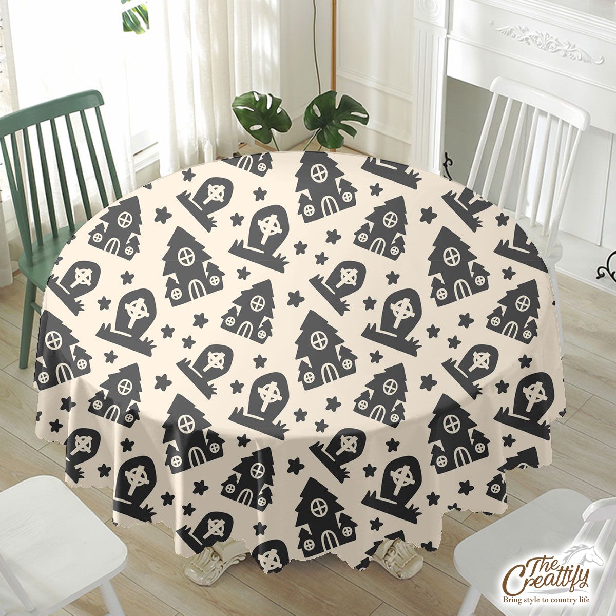 Black And White Halloween Headstone Waterproof Tablecloth
