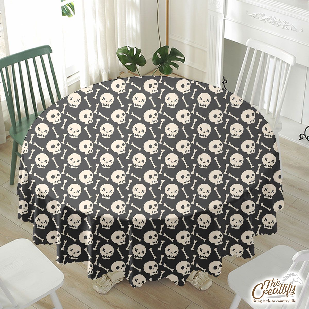 Black And White Halloween Skull And Bones Waterproof Tablecloth