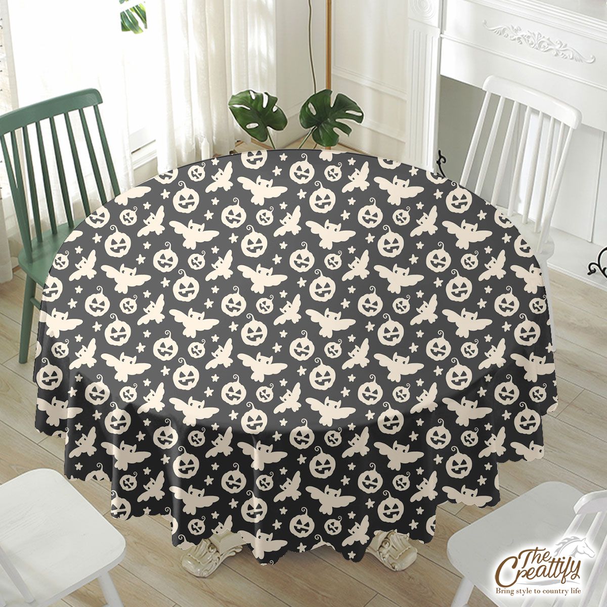 Black And White Scary Pumpkin Face With Owl Halloween Waterproof Tablecloth