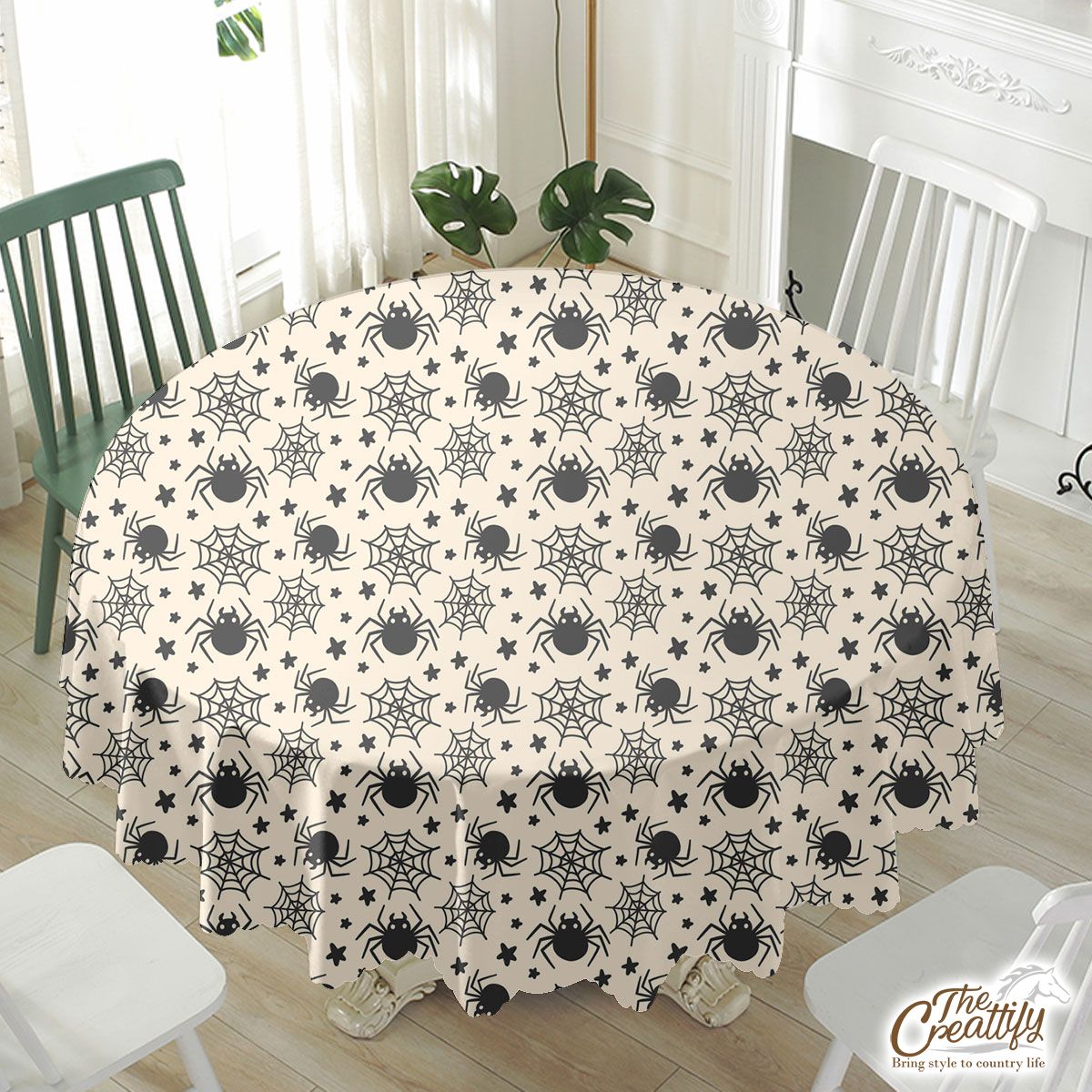 Black And White Seamless Spider Web Halloween Waterproof Tablecloth