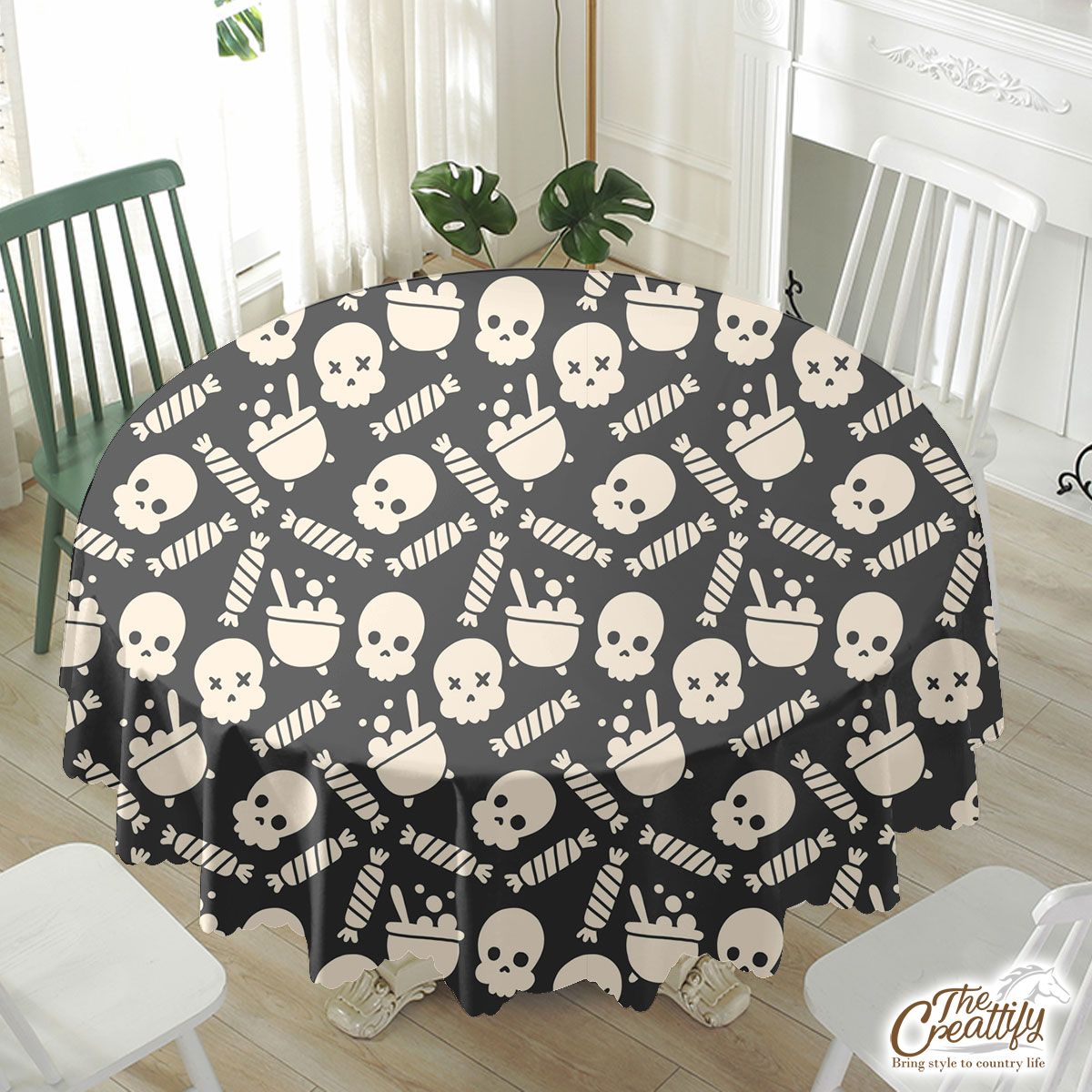 Black And White Skull Emoji With Halloween Candy Waterproof Tablecloth