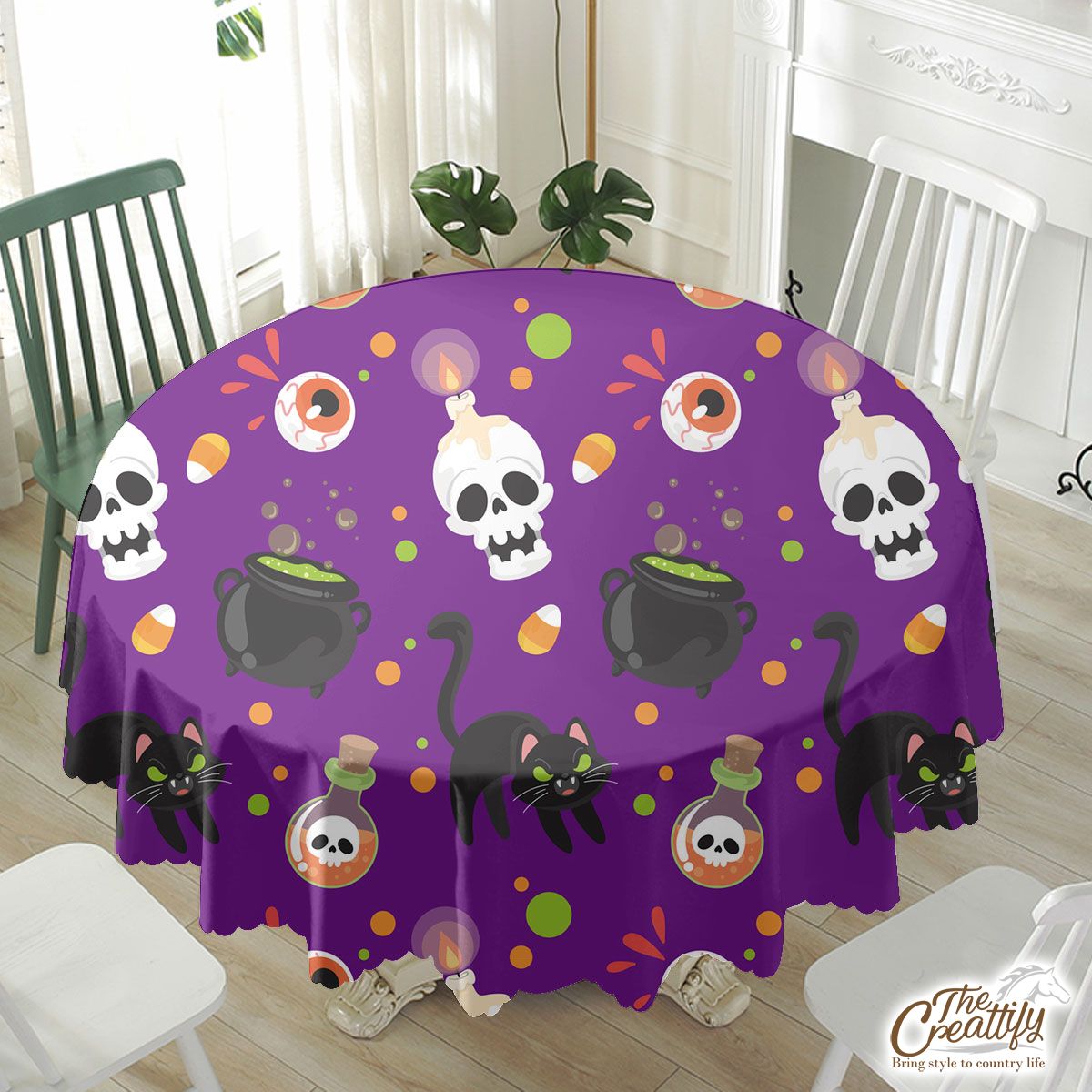 Black Cat And Skull On The Spooky Background Halloween Waterproof Tablecloth