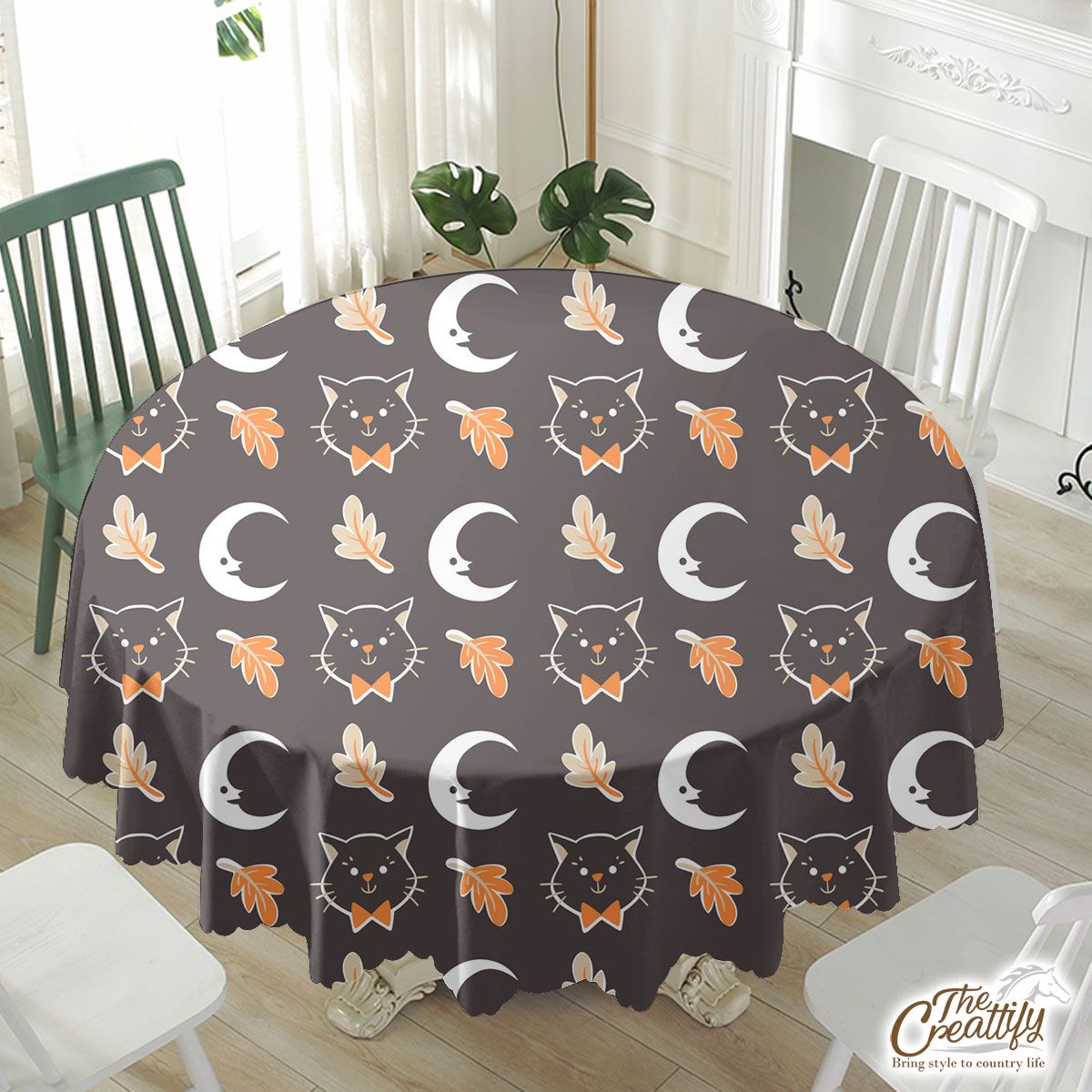 Black Cat With Fall Leaves And Moon Halloween Waterproof Tablecloth