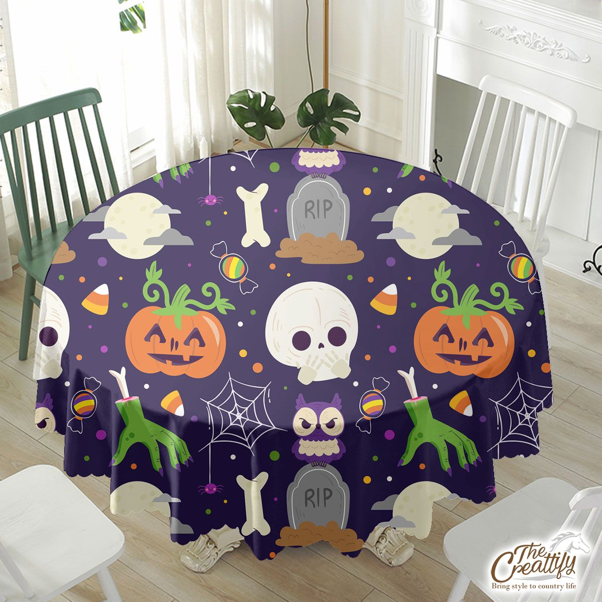 Creepy Hand, Skull and Tombstone, Halloween Horror Nights Dark Waterproof Tablecloth