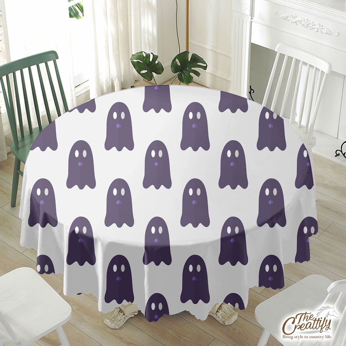 Cute And Funny Purple Boo Ghost Halloween Waterproof Tablecloth