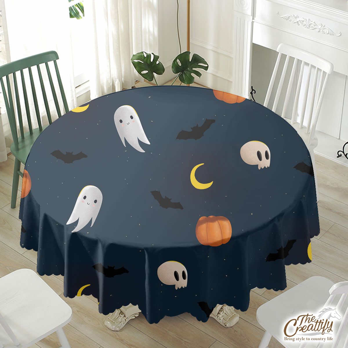 Cute Boo Ghost, Pumpkins With Moon Halloween Waterproof Tablecloth
