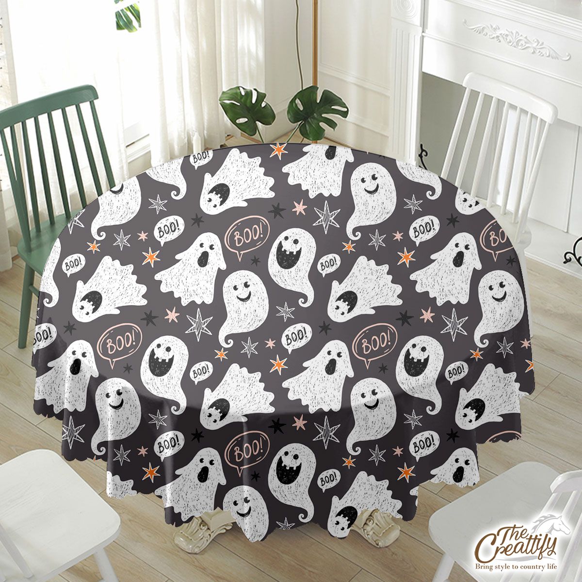 Cute Ghost On The Halloween Background Waterproof Tablecloth