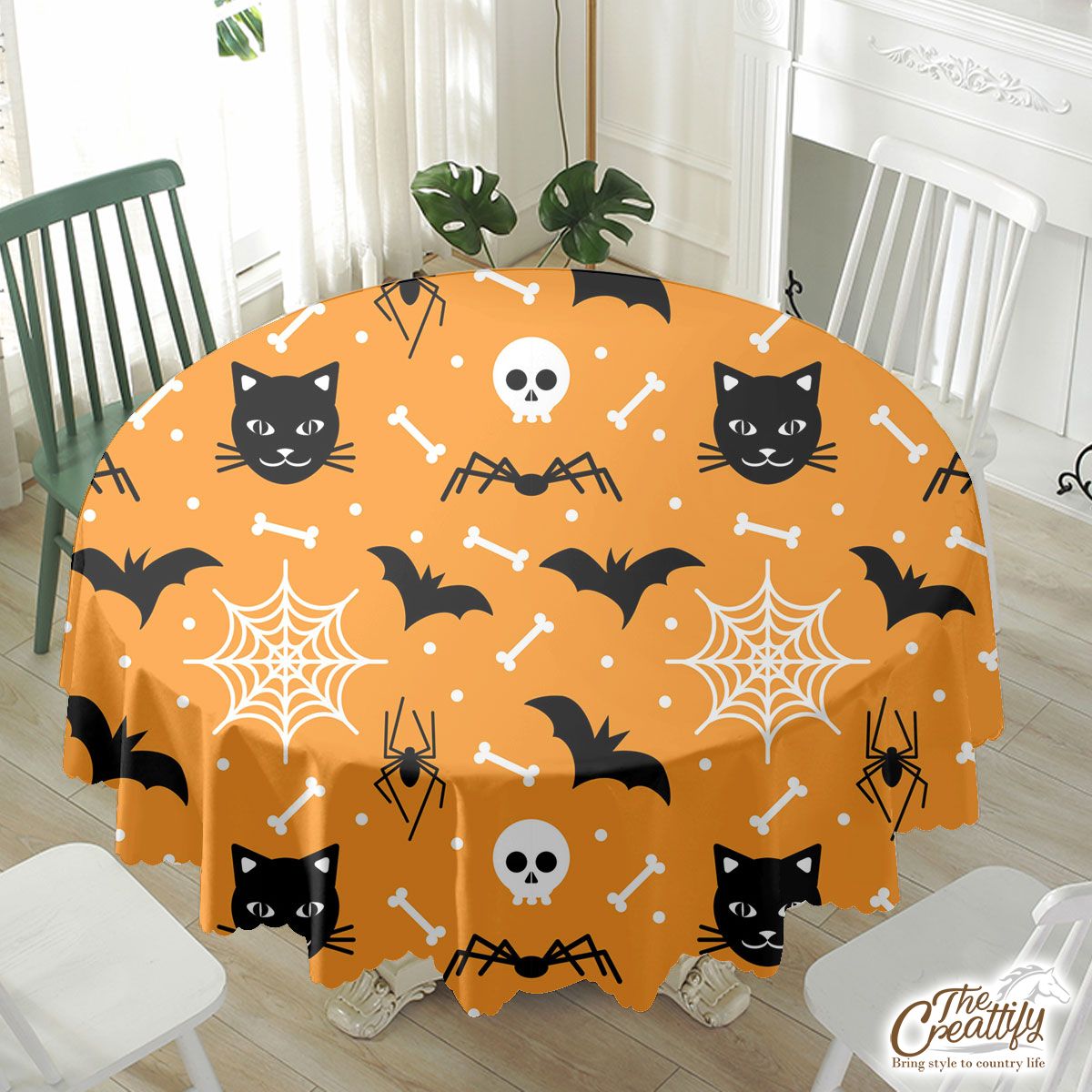 Cute Halloween Ghost  With Cat and Bat Waterproof Tablecloth