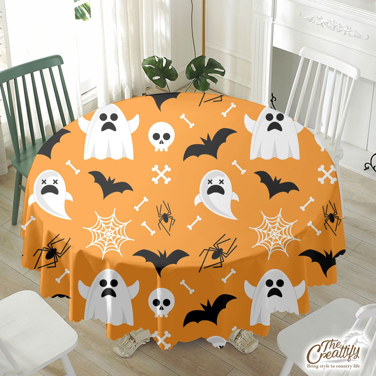 Cute Halloween Ghost Boo and Bat Waterproof Tablecloth
