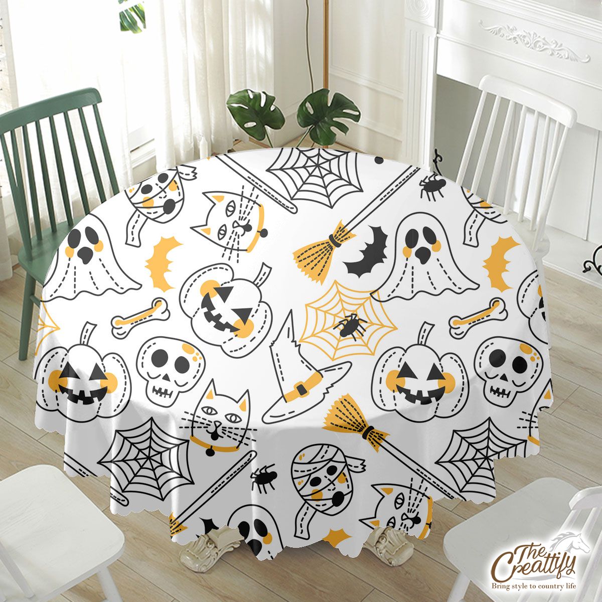 Cute Halloween Pumpkin Face, Jack O Lantern, Halloween Skeleton, Wicked Witches, Black Cat Waterproof Tablecloth