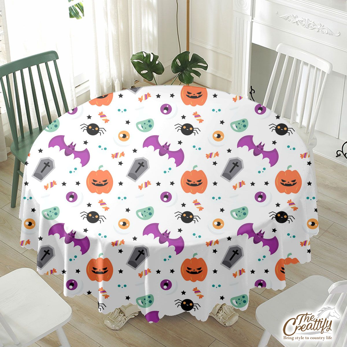 Cute Halloween Pumpkin Face, Jack O Lantern, Halloween Skeleton, Wicked Witches, Spider Waterproof Tablecloth