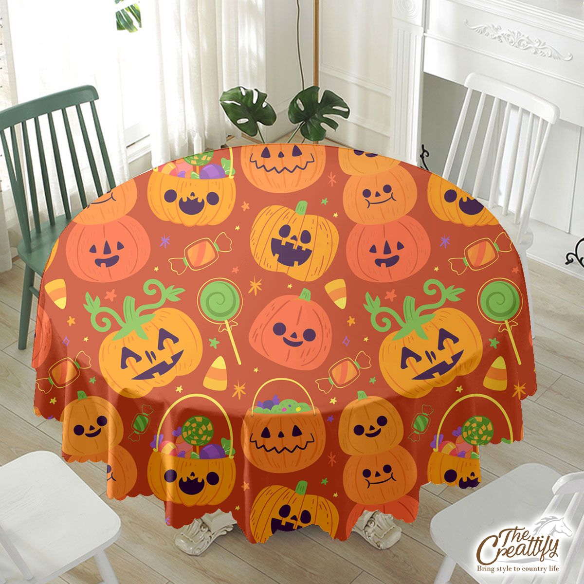 Cute Pumpkin, Jack O Lantern Full of Candy Orange Halloween Waterproof Tablecloth
