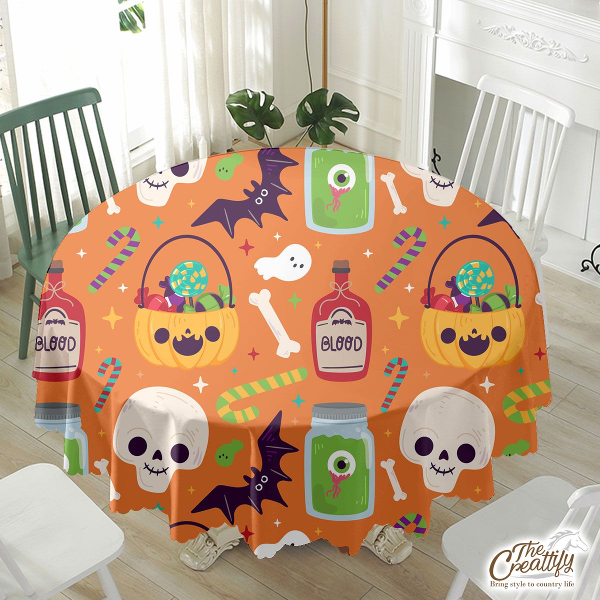 Cute Pumpkin, Jack O Lantern Full of Candy, Witch Potions and Bat Orange Halloween Waterproof Tablecloth