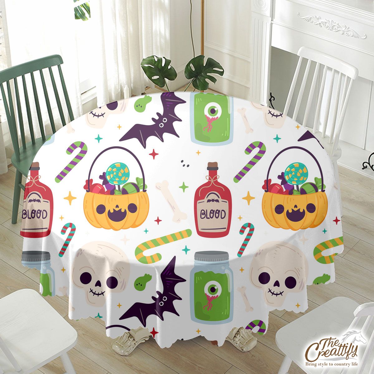 Cute Pumpkin, Jack O Lantern Full of Candy, Witch Potions and Bat White Halloween Waterproof Tablecloth