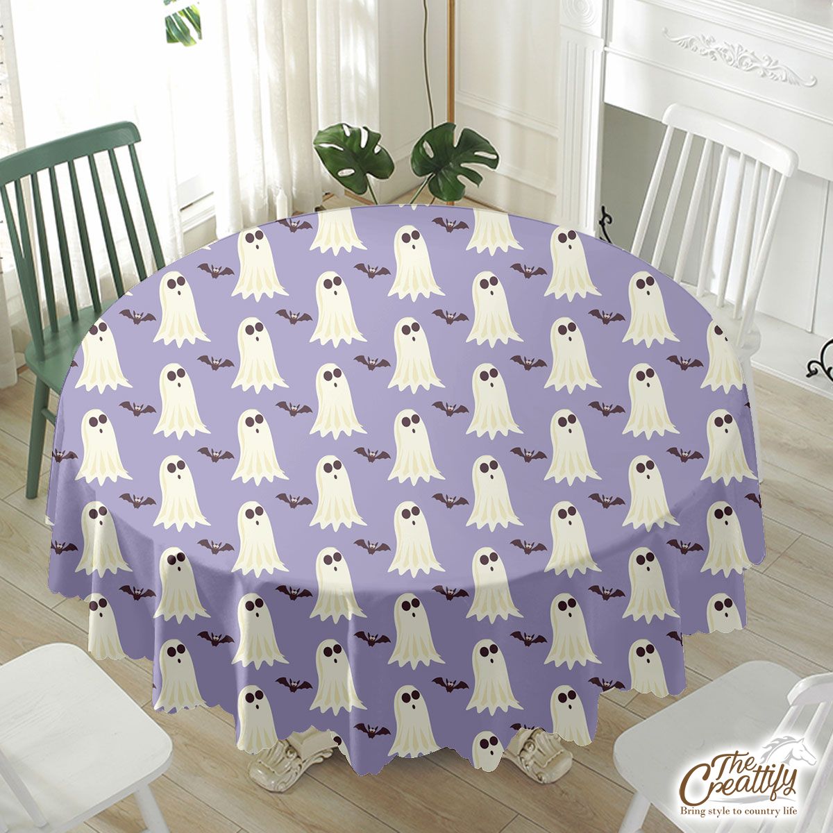 Cute and Funny White Boo Ghost And Bat Halloween Waterproof Tablecloth