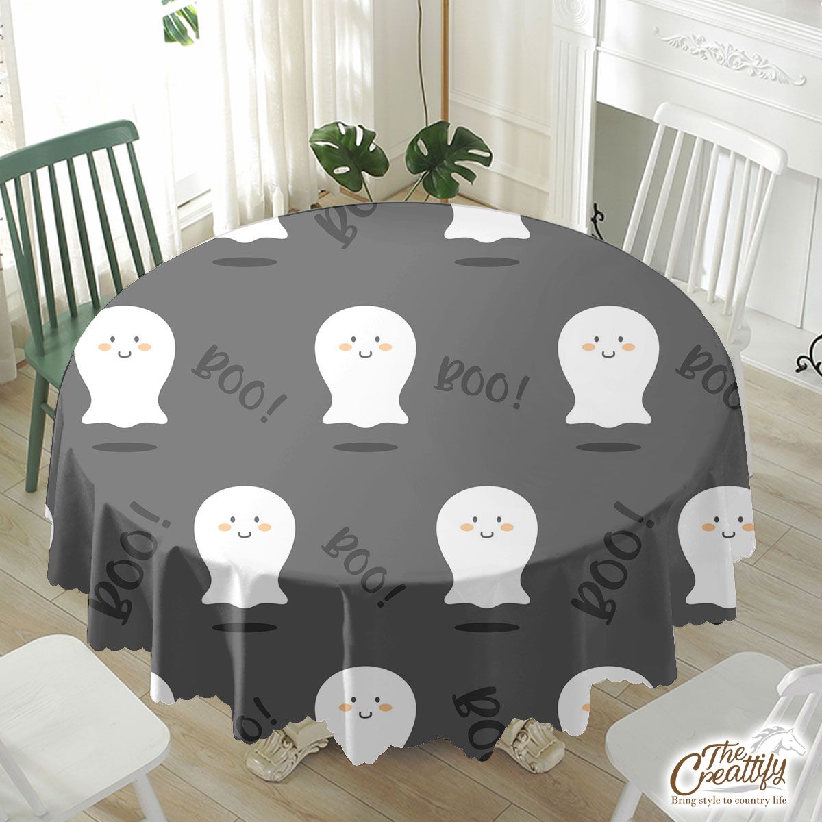 Cute and Funny White Boo Ghost Halloween Waterproof Tablecloth