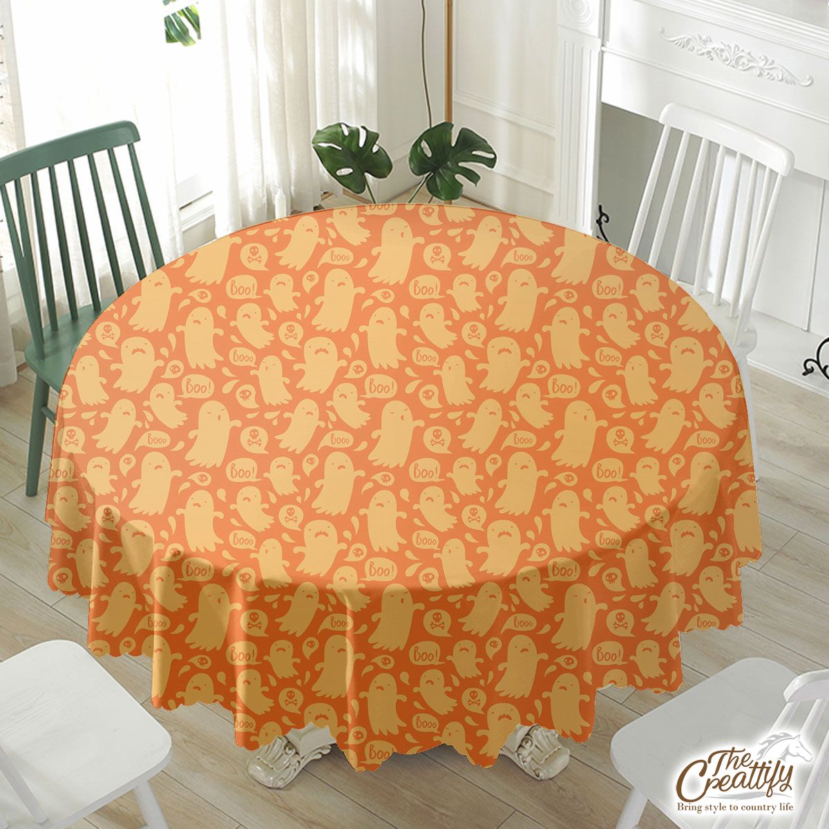 Cute and Funny Yellow Boo Ghost Halloween Waterproof Tablecloth