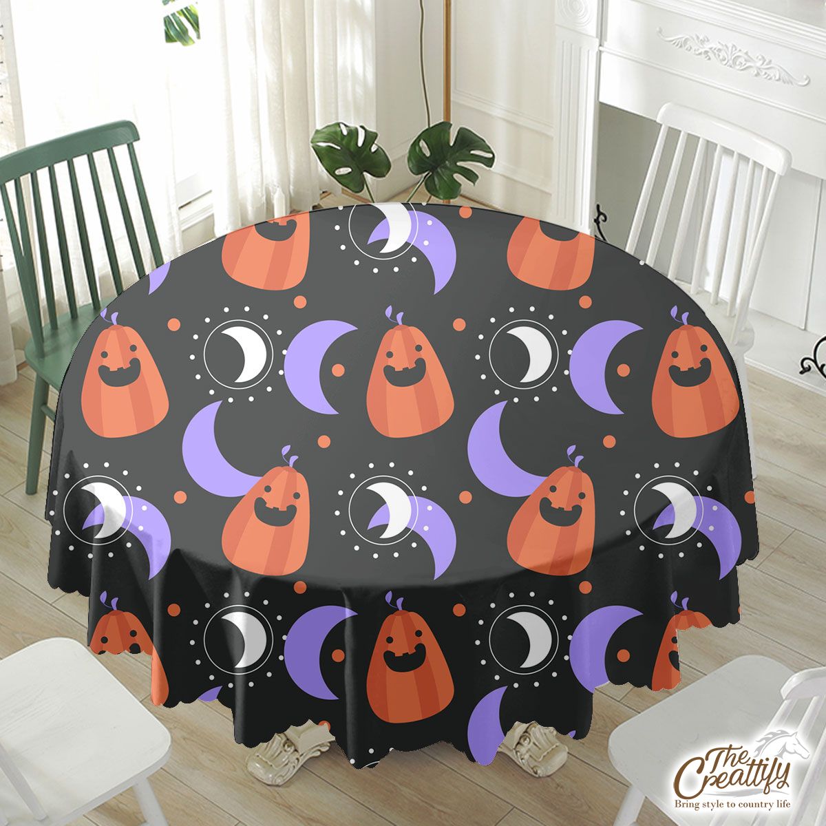 Funny Pumpkin Carving With Crescent Moon Halloween Waterproof Tablecloth