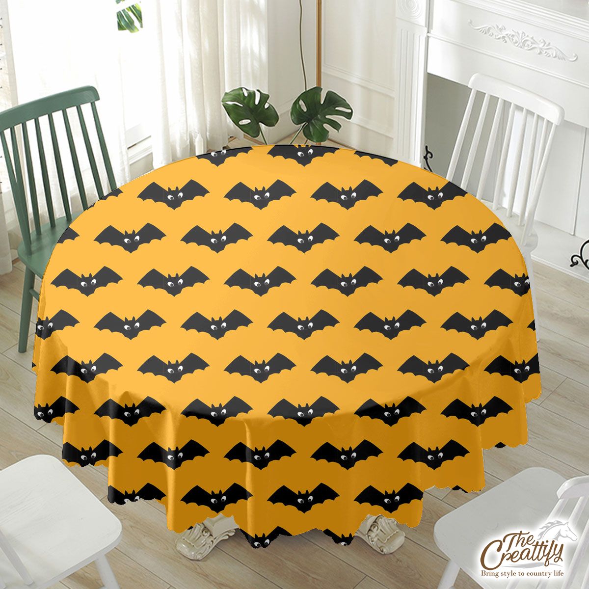 Halloween Bats On Orange Background Waterproof Tablecloth