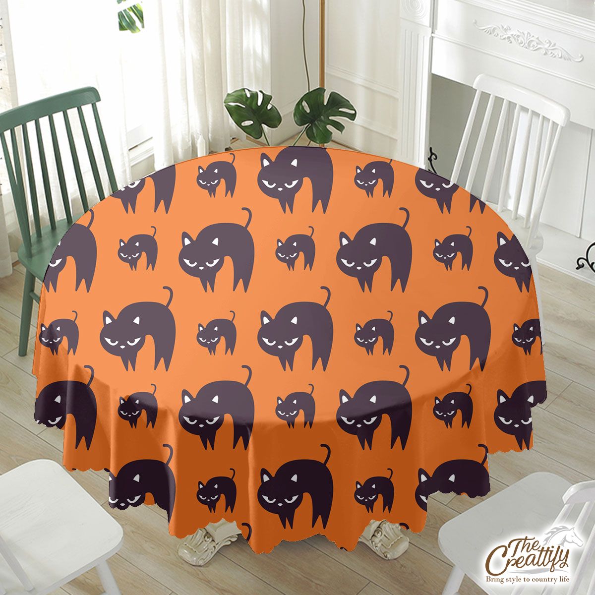 Halloween Black Cat On The Orange Background Waterproof Tablecloth