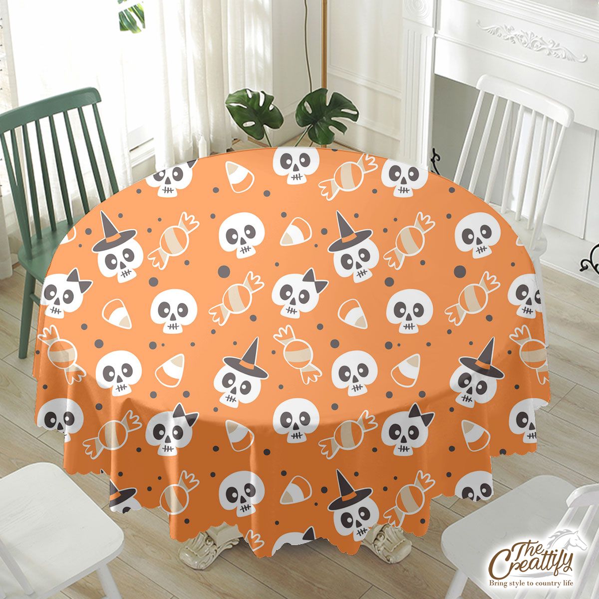 Halloween Candy Cartoon Skull With Witch Hat On Orange Color Background Waterproof Tablecloth