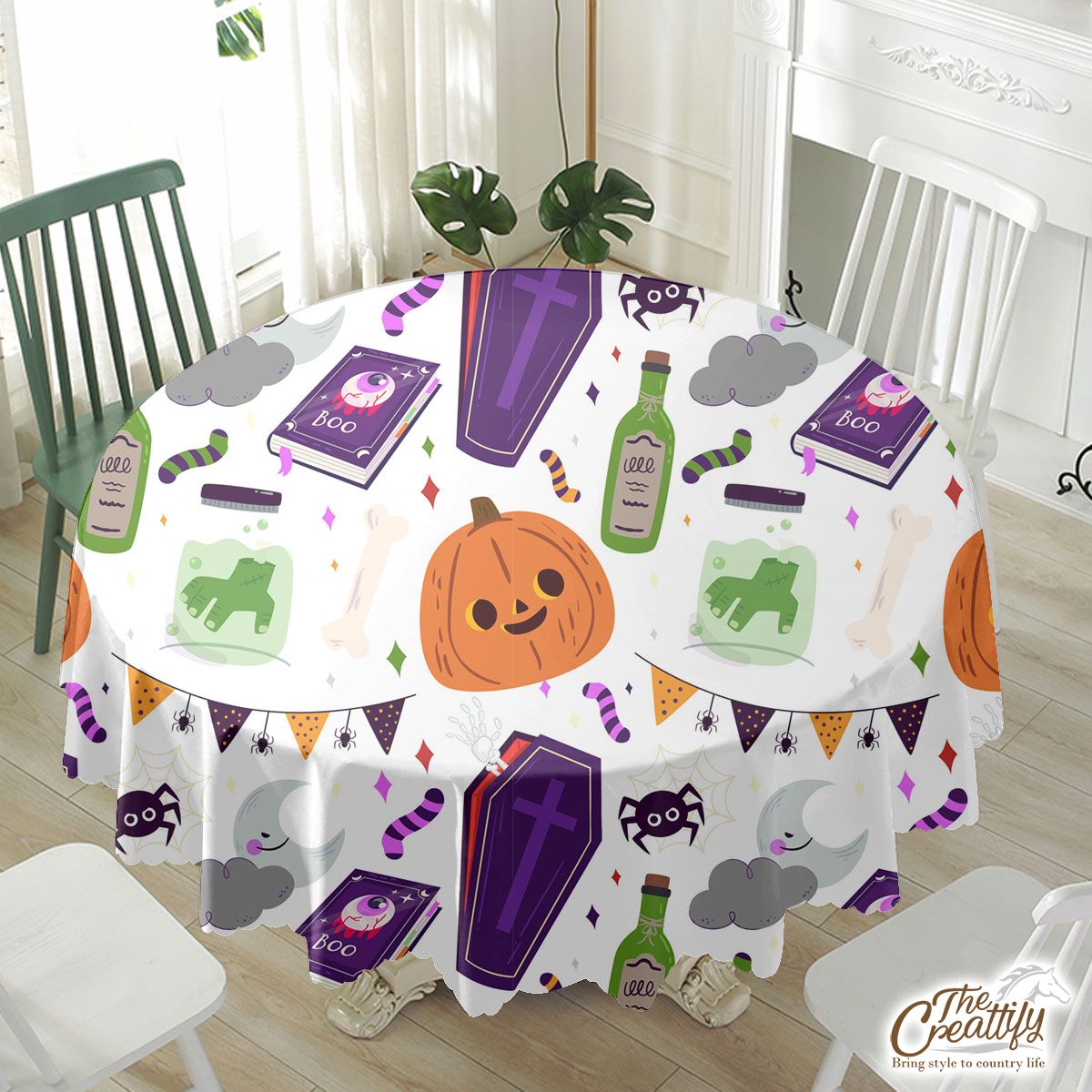 Halloween Horror Nights, Tombstone, Witch Book White Waterproof Tablecloth