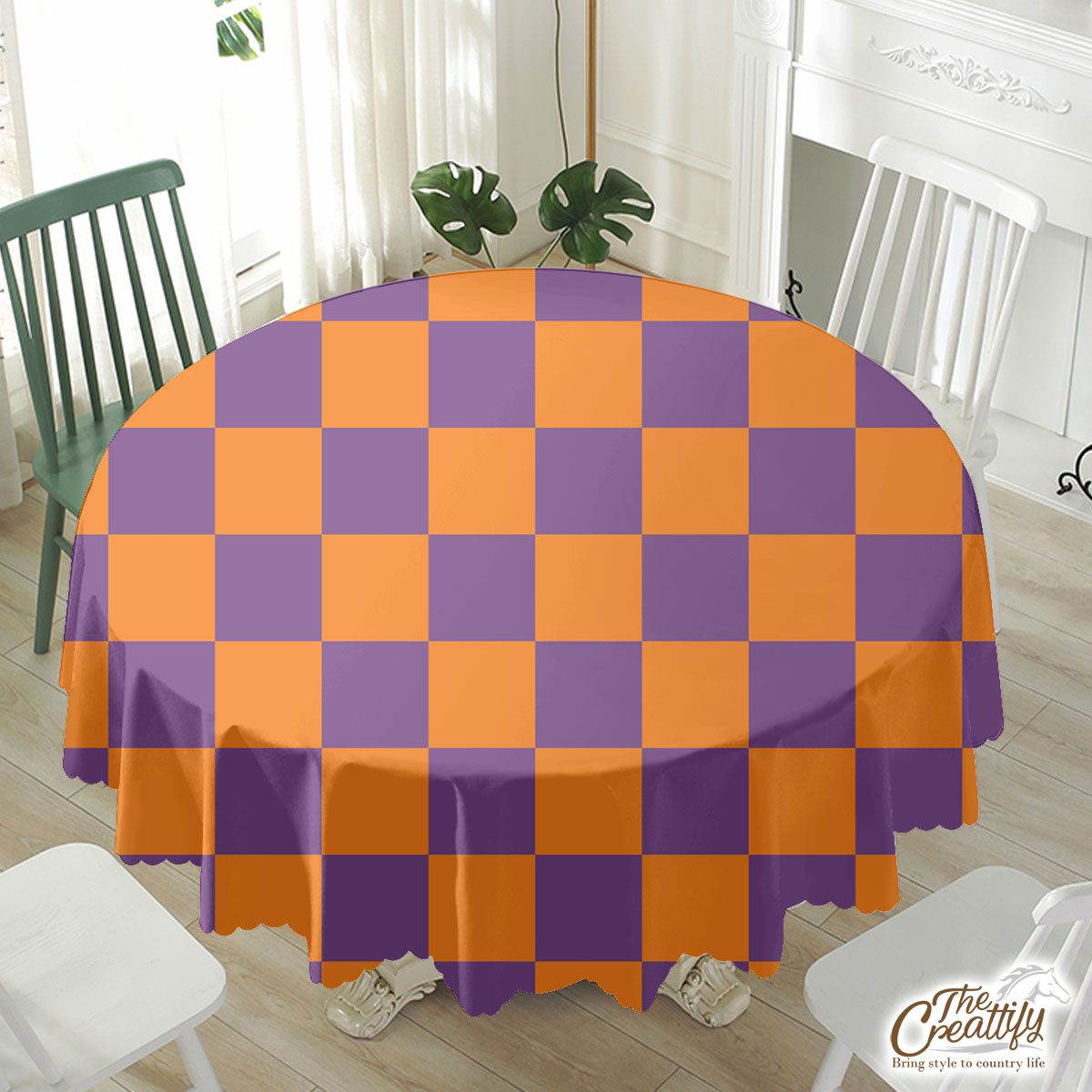 Halloween Orange and Purple Square Seamless Pattern Waterproof Tablecloth