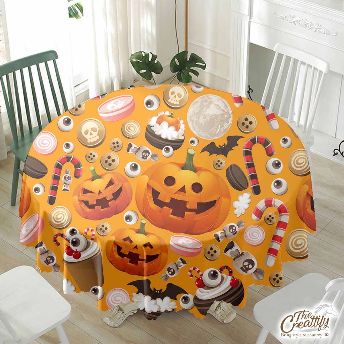 Halloween Party Food On Orange Background Waterproof Tablecloth