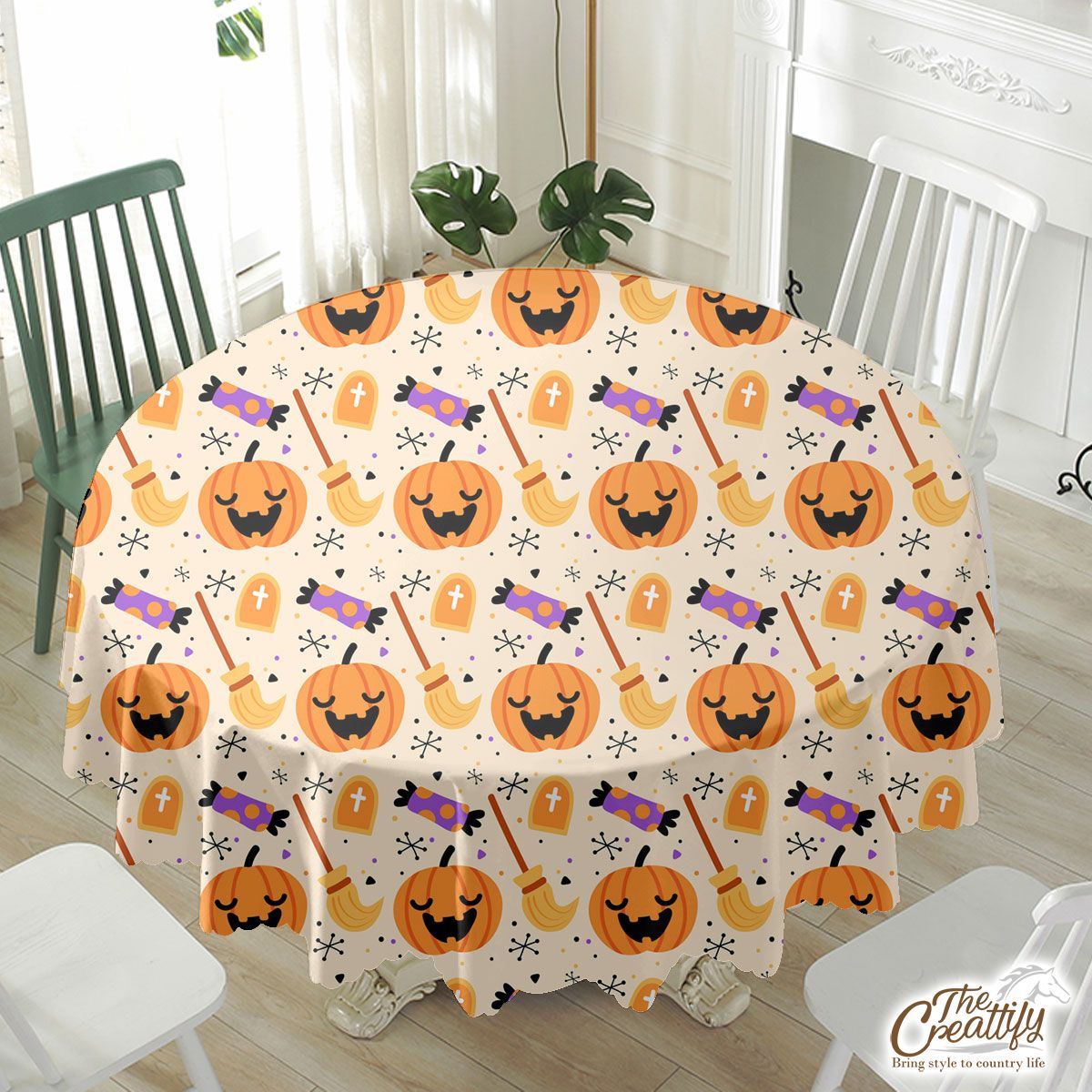 Halloween Pumpkin Face, Jack O Lantern, Candy Halloween, Witch Broom Orange Waterproof Tablecloth