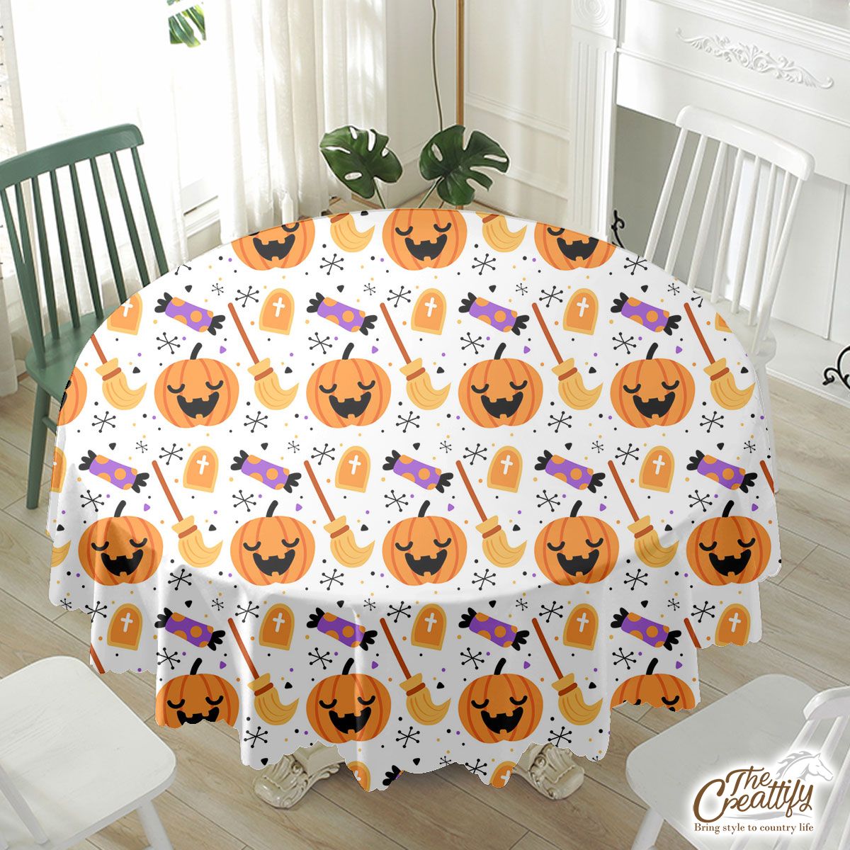 Halloween Pumpkin Face, Jack O Lantern, Candy Halloween, Witch Broom White Waterproof Tablecloth