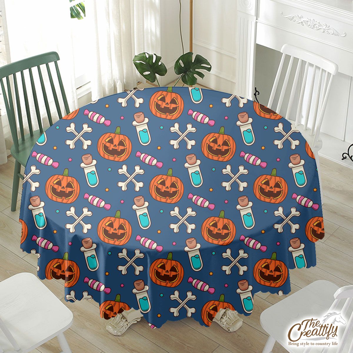 Halloween Scary Pumpkin Face With Candy And Bone Waterproof Tablecloth