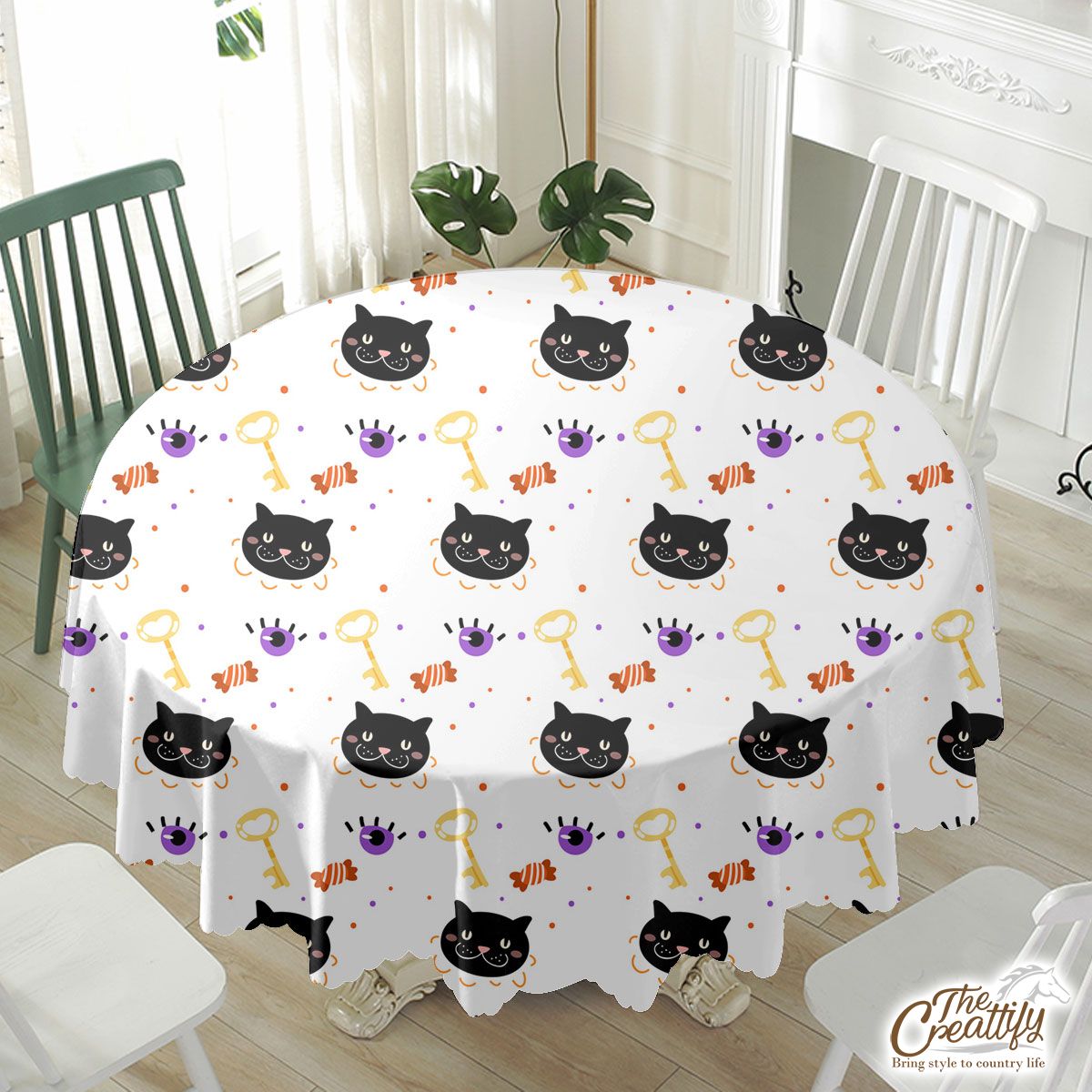 Halloween Scary, Evil Eye and Black Cat Orange White Waterproof Tablecloth