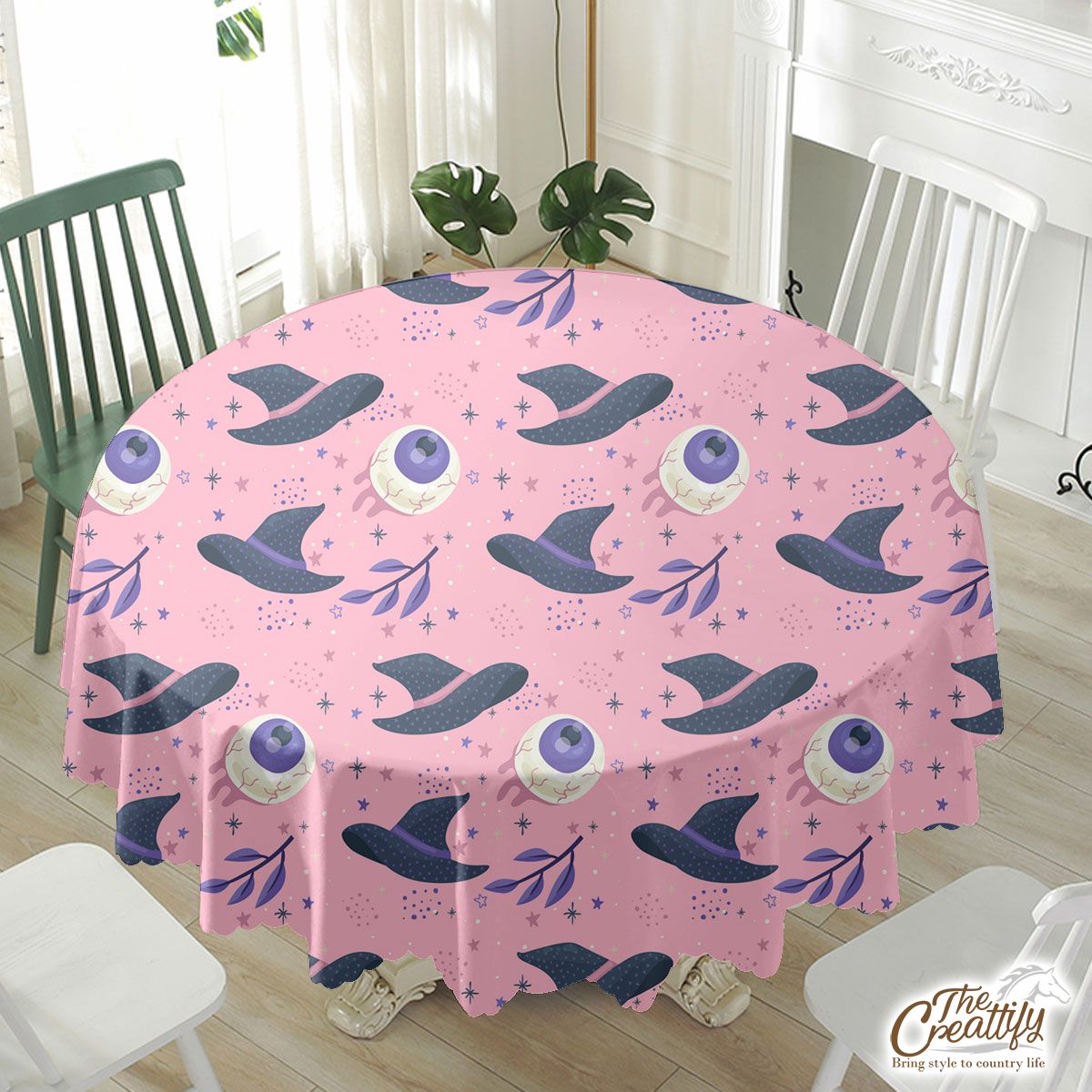 Halloween Witch Hat Halloween Eyes On The Pink Background Waterproof Tablecloth