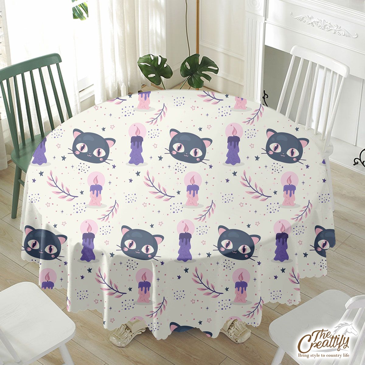 Happy Halloween With Black Cat On The Light Background Waterproof Tablecloth
