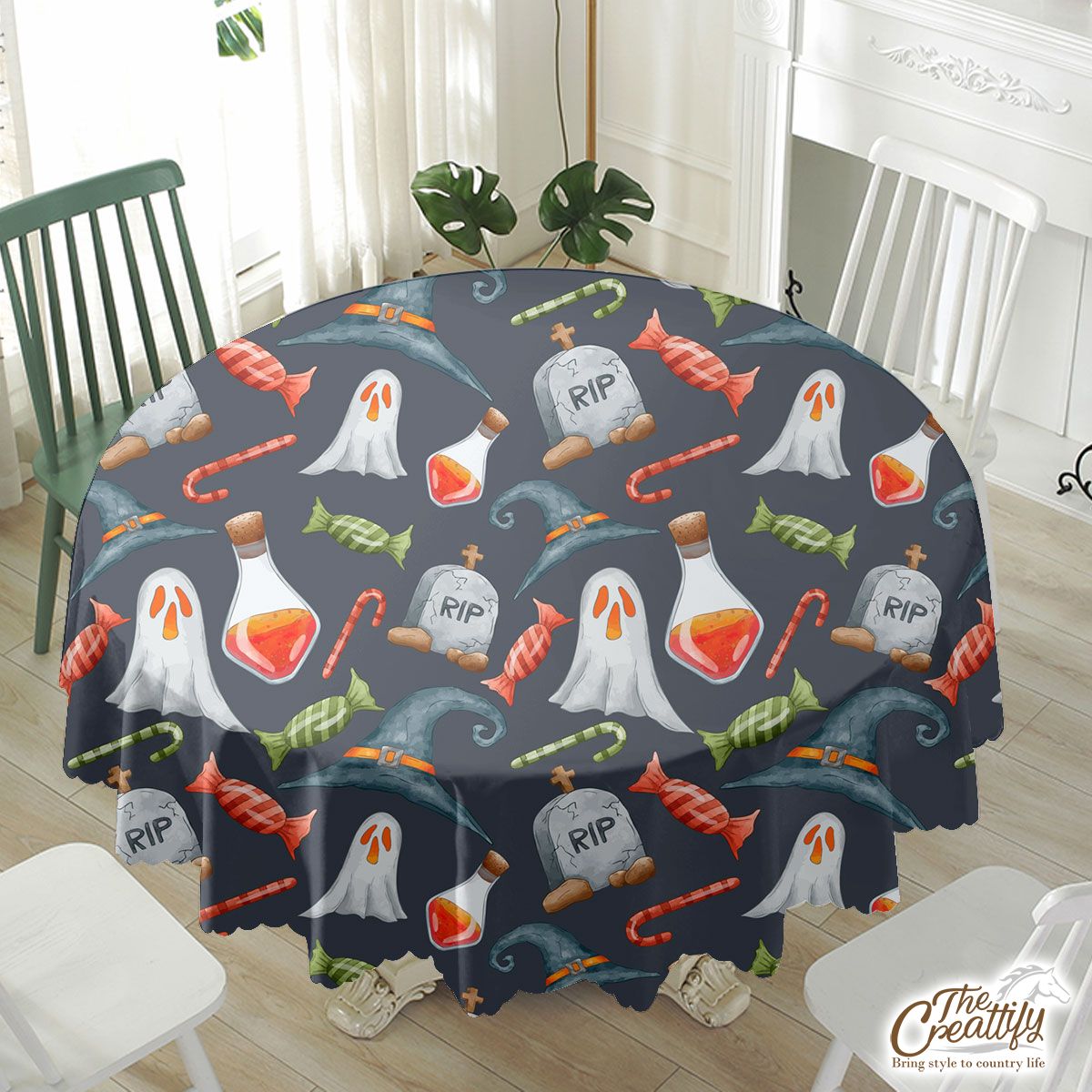 Happy Halloween With Boo, Candy, Witch Hat And Headstone Waterproof Tablecloth