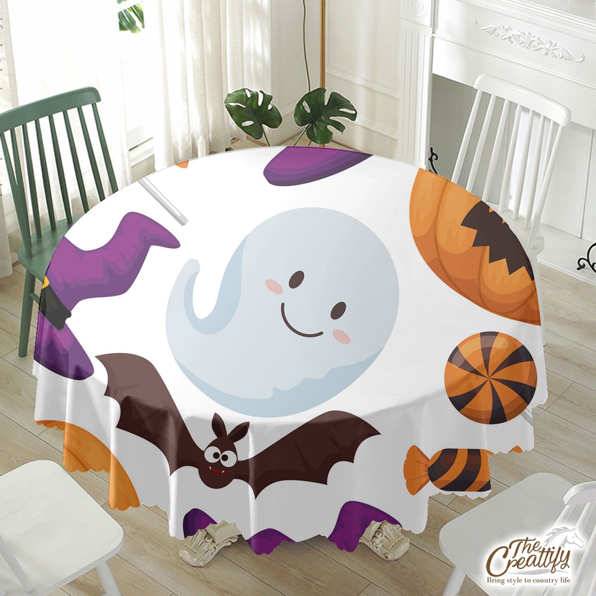 Happy Halloween With Cartoon Bat, Cute Ghost, Scary Pumpkin Face And Halloween Candy Waterproof Tablecloth