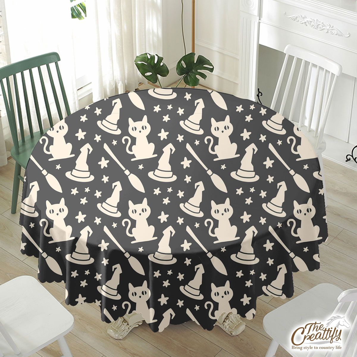 Happy Halloween With Cat, Witch Hat And Broom Waterproof Tablecloth