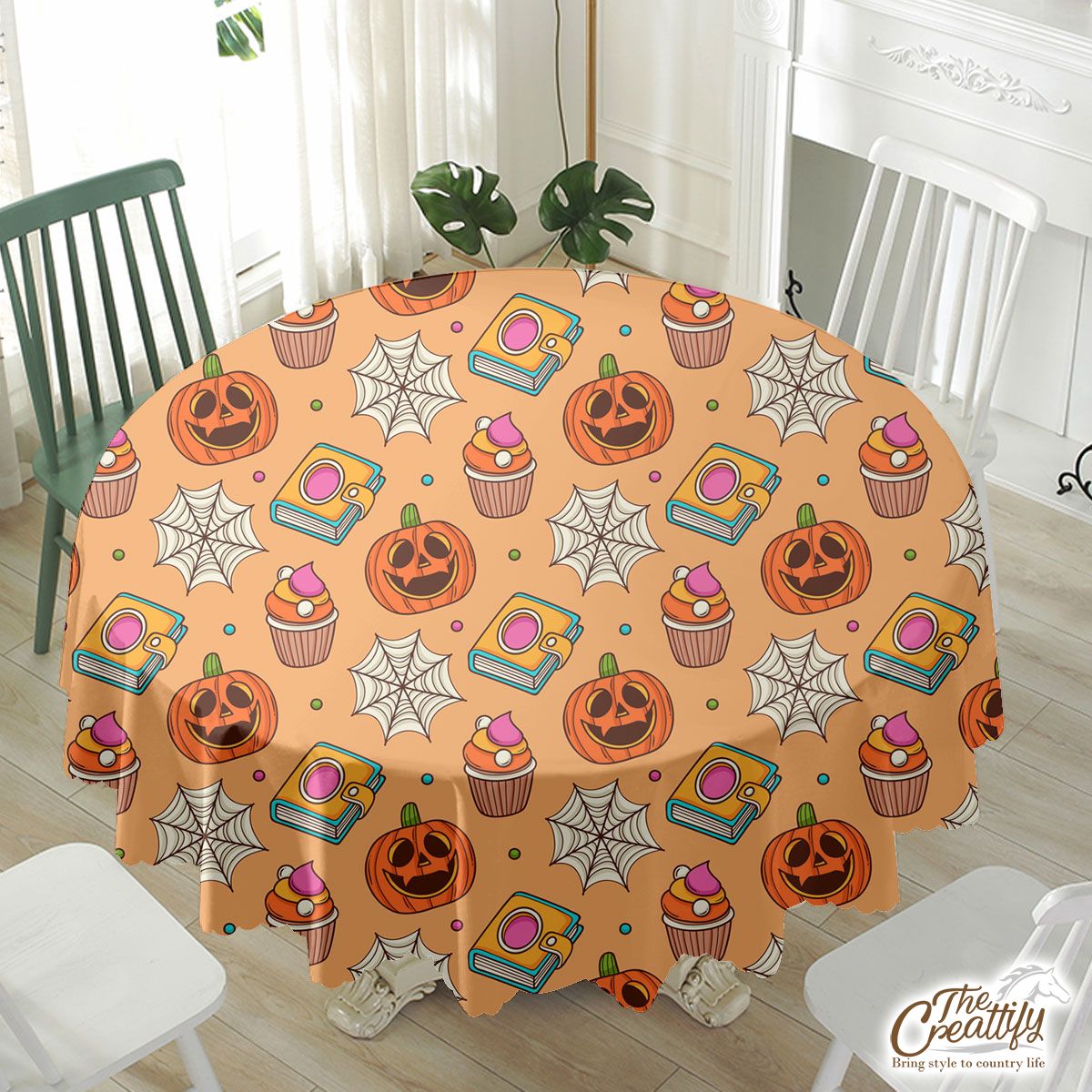 Happy Halloween With Pumpkin, Spider Web And Cartoon Cupcake Waterproof Tablecloth