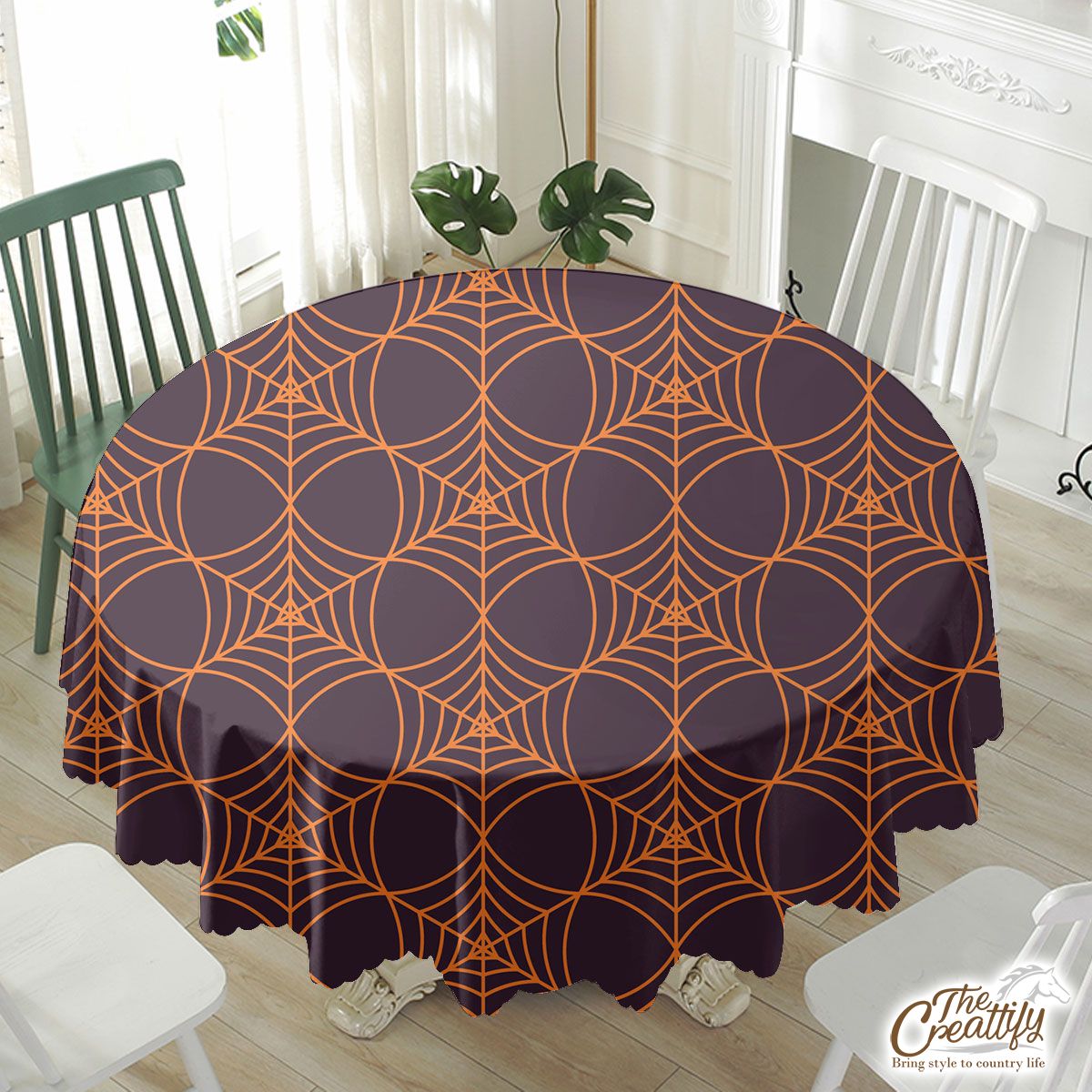 Orange Color Seamless Spider Web Halloween Waterproof Tablecloth