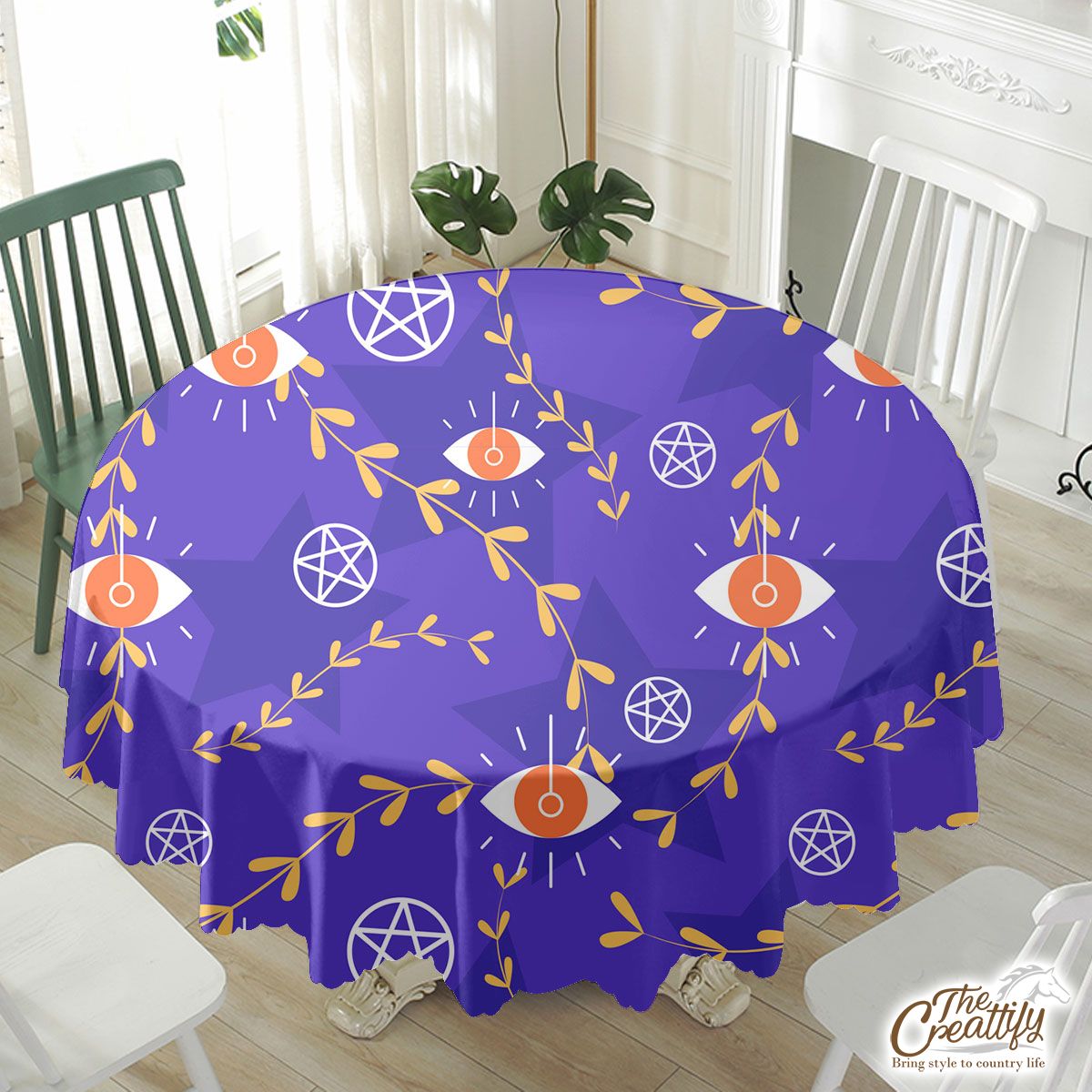 Pentagram Star With Evil Eyes On Blue Background Halloween Waterproof Tablecloth