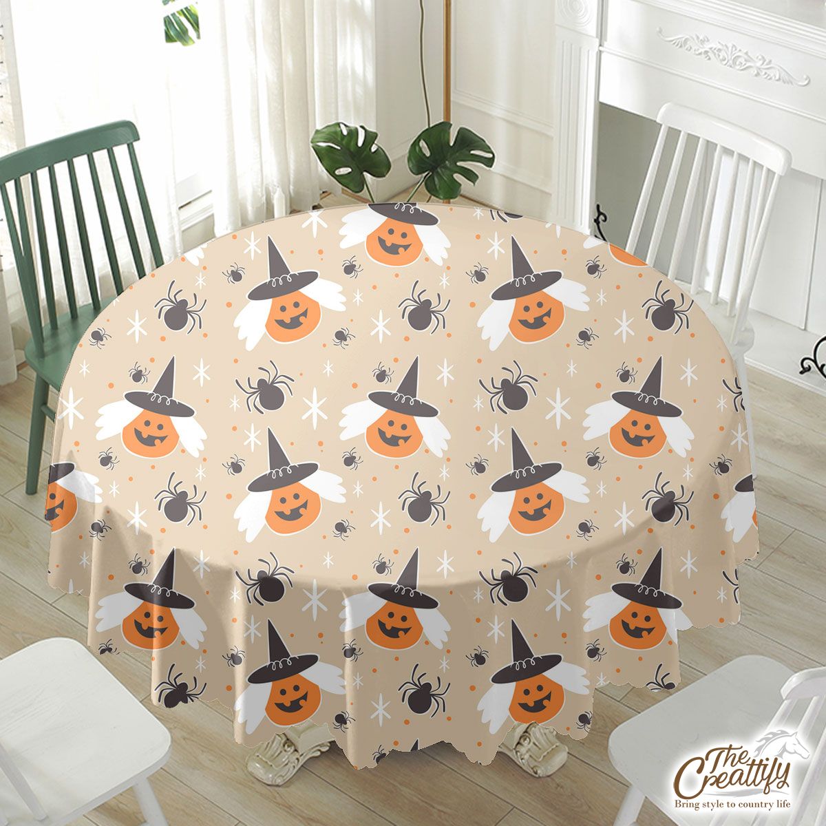 Pumpkins With Witch Hat On A Light Background Halloween Waterproof Tablecloth