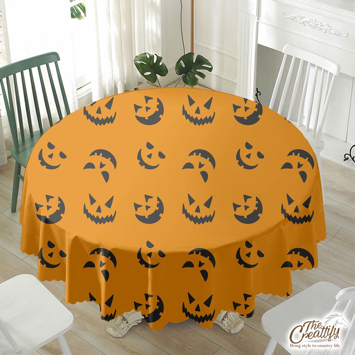Scary Face On The Orange Color Background Halloween Waterproof Tablecloth