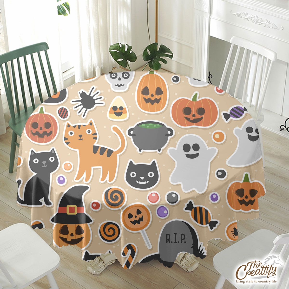 Scary Halloween Cat  With Pumpkin Jack O Lantern and Skull Waterproof Tablecloth