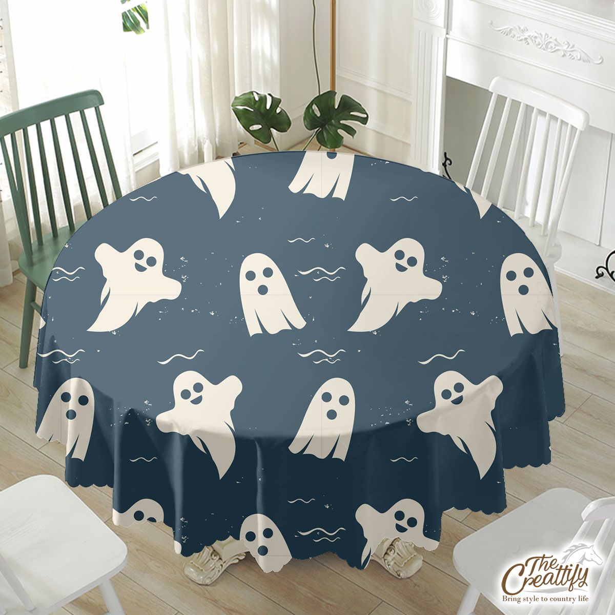 Scary Halloween Ghosts Seamless Pattern Blue Boo Waterproof Tablecloth