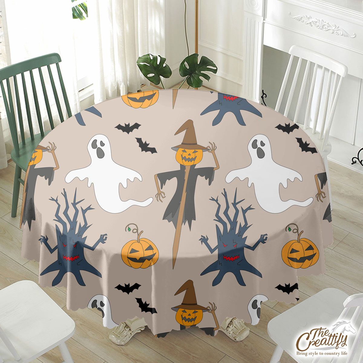 Scary Halloween Straw Scarecrow With Hat Pumpkin and Ghost Waterproof Tablecloth
