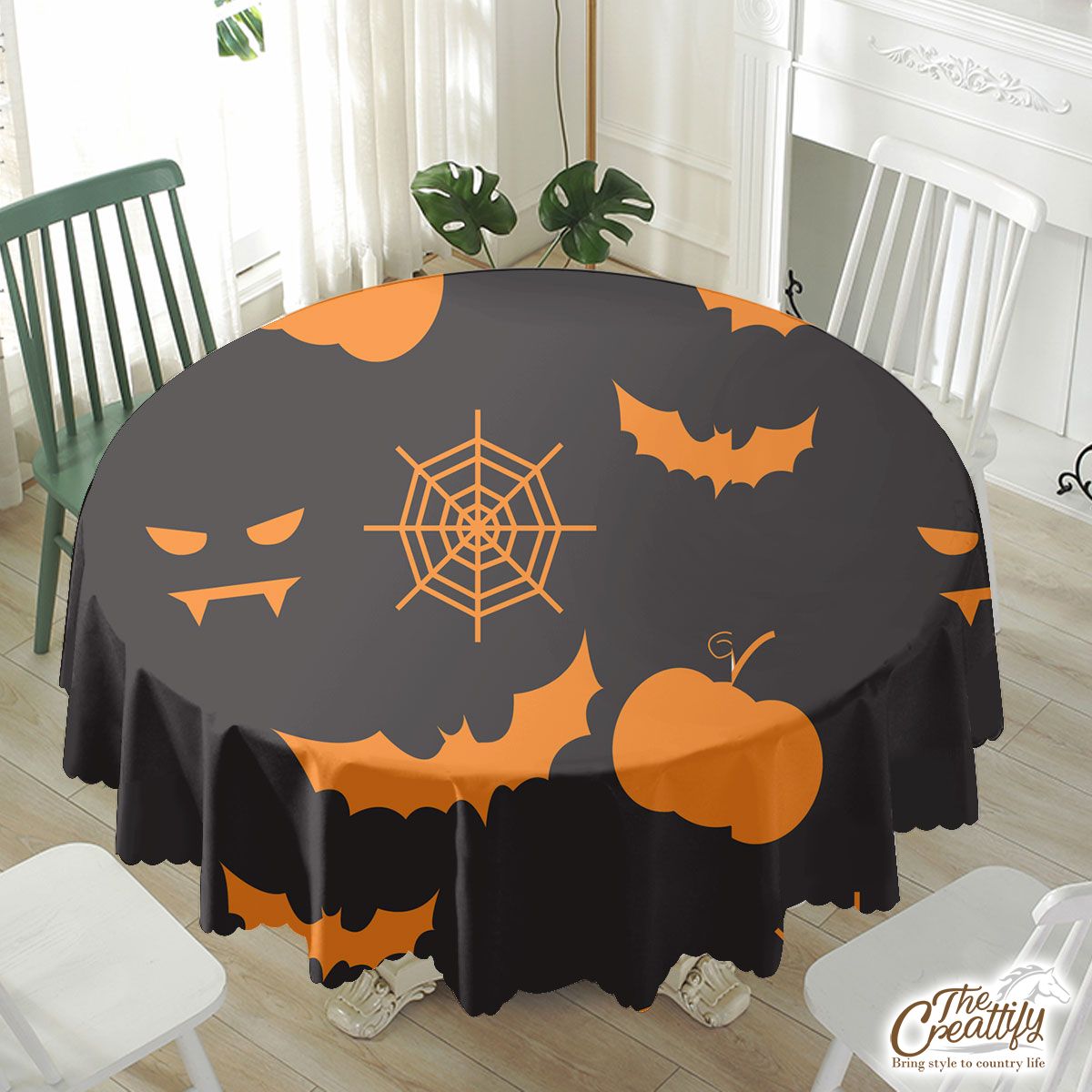 Scary Halloween Vampire  With Pumpkin Jack O Lantern and Bat Waterproof Tablecloth