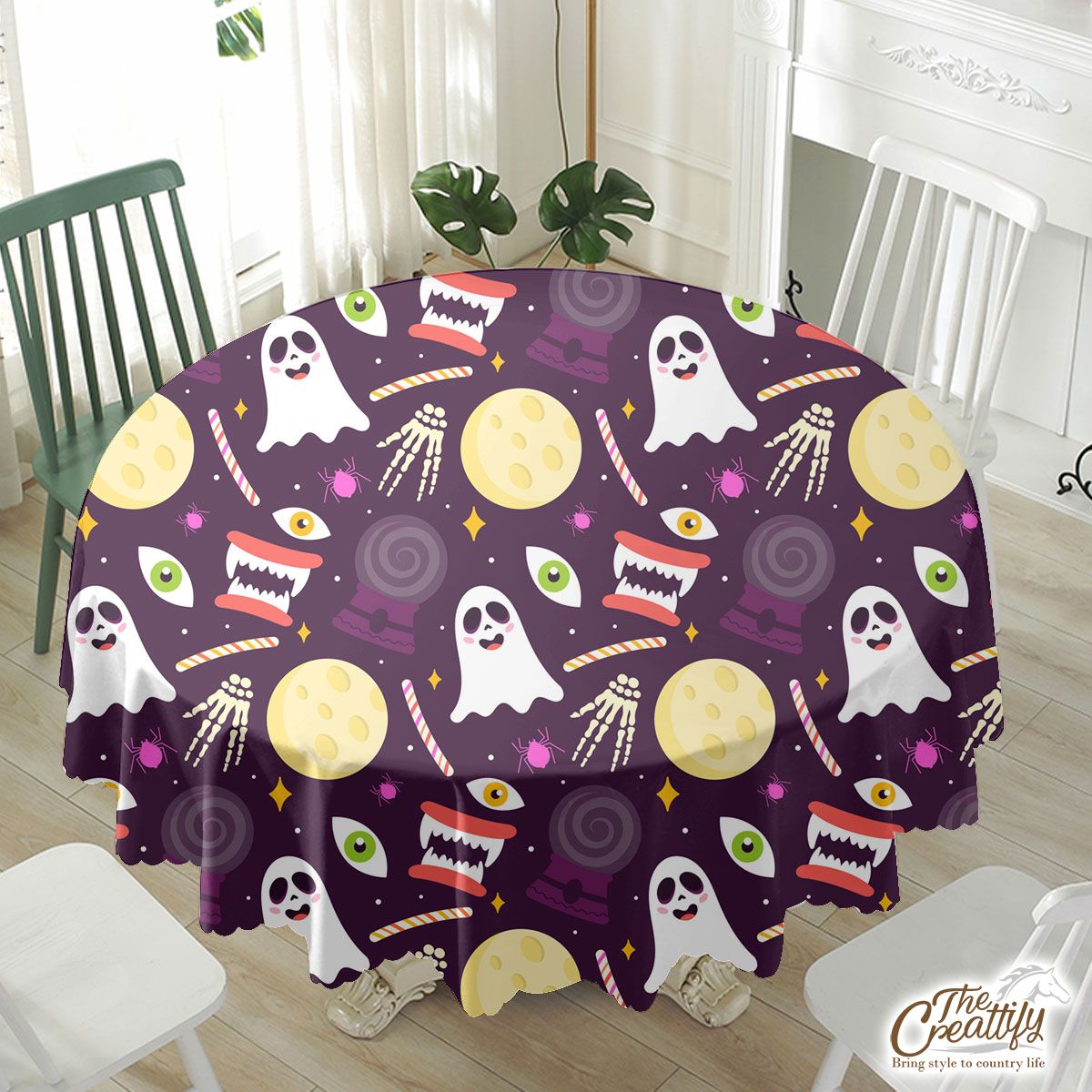 Scary Halloween, Halloween Candy With Boo, Creepy Hand, Halloween Skeleton Purple Waterproof Tablecloth