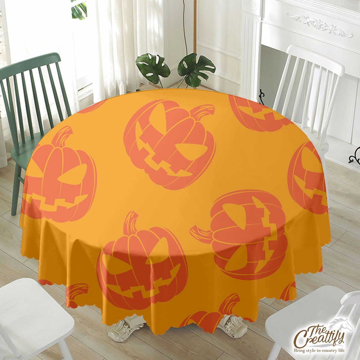 Scary Pumpkin Face On The Orange Color Background Halloween Waterproof Tablecloth