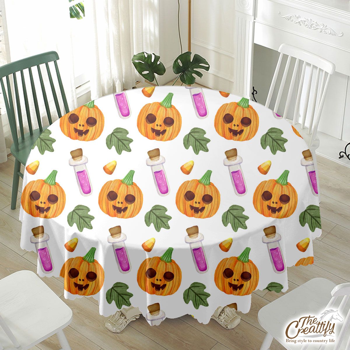 Scary Pumpkin Face and Witch Potions White Halloween Waterproof Tablecloth